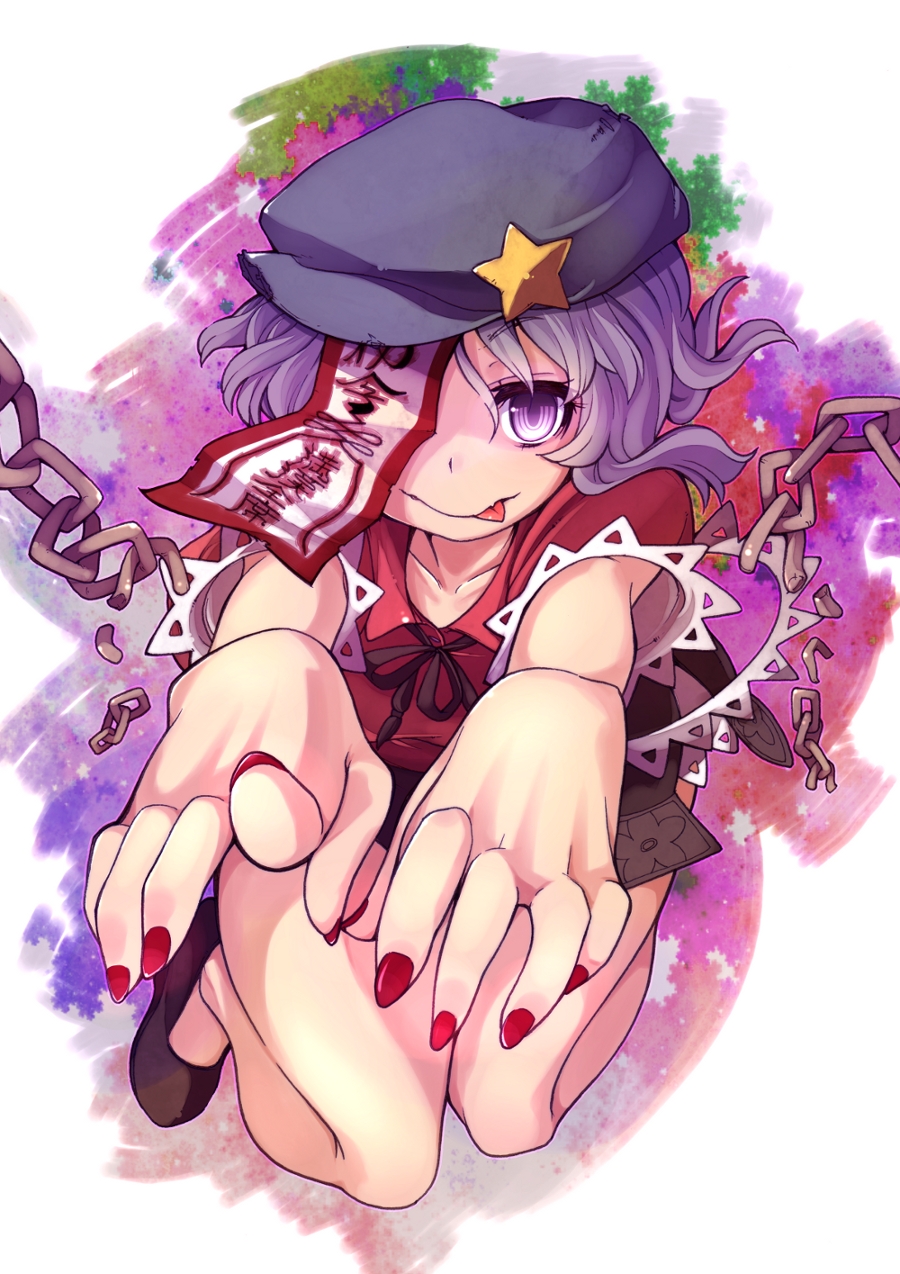 :p bare_legs beret chain chains collarbone foreshortening geung_si hands hat highres jiangshi miyako_yoshika nail_polish ofuda outstretched_arms purple_eyes purple_hair sacha short_hair solo star tongue touhou violet_eyes zombie_pose