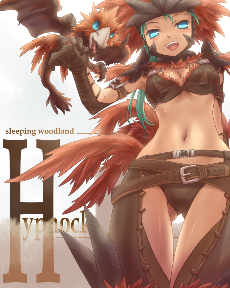 arm_behind_back armlet armor belt beltskirt bikini_armor bird blue_eyes breasts cleavage feathers gloves green_hair headdress hypnocatrice hypnocatrice_(armor) long_hair looking_down midriff monster_hunter monster_hunter_frontier multiple_belts navel open_mouth text tsukigami_chronica wings