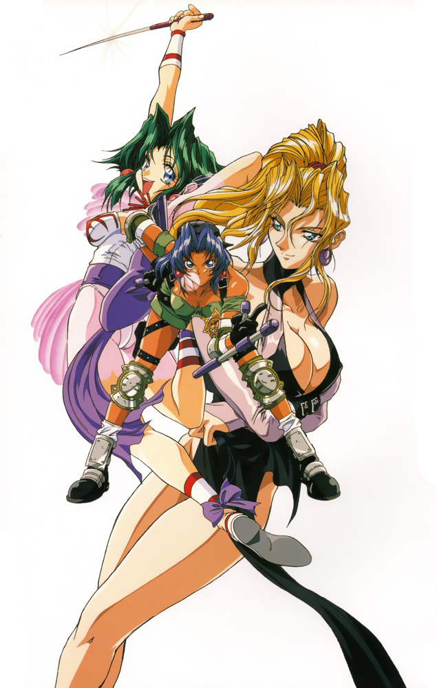 90s battle_arena_toshinden blonde_hair blue_eyes blue_hair breasts cleavage crossed_arms dark_skin earrings elbow_guards elbow_pads ellis_(battle_arena_toshinden) green_hair jewelry knee_guards knee_pads knife kotobuki_tsukasa large_breasts legs long_legs multiple_girls official_art open_mouth simple_background sofia thigh_strap thighs tonfa tracy_(battle_arena_toshinden) weapon white_background yokota_mamoru