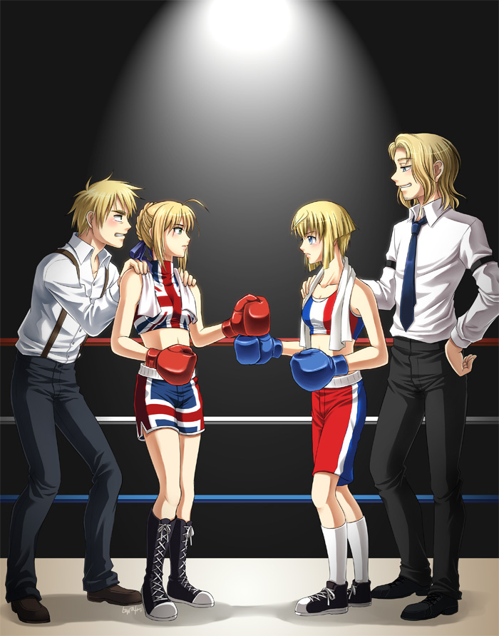 arena axis_powers_hetalia blonde_hair blue_eyes boxing_gloves boxing_ring crossover epic fate/stay_night fate_(series) france_(hetalia) green_eyes hair_ribbon jeanne_d'arc jeanne_d'arc jeanne_d'arc_(fate/apocrypha) lowah necktie ribbon saber short_hair shorts suspenders towel union_jack united_kingdom_(hetalia)