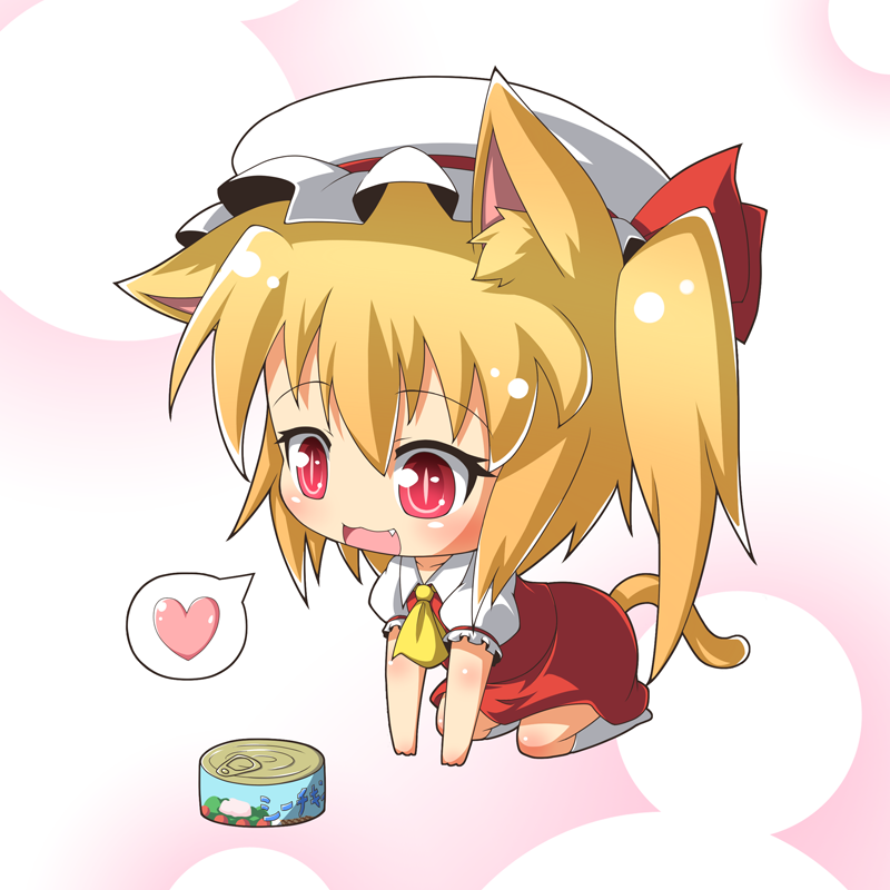 animal_ears ascot blonde_hair blush bow can cat_ears cat_tail chibi dress fang flandre_scarlet hat hat_bow heart jinnouchi_akira kemonomimi_mode open_mouth red_eyes side_ponytail slit_pupils solo spoken_heart tail the_embodiment_of_scarlet_devil touhou