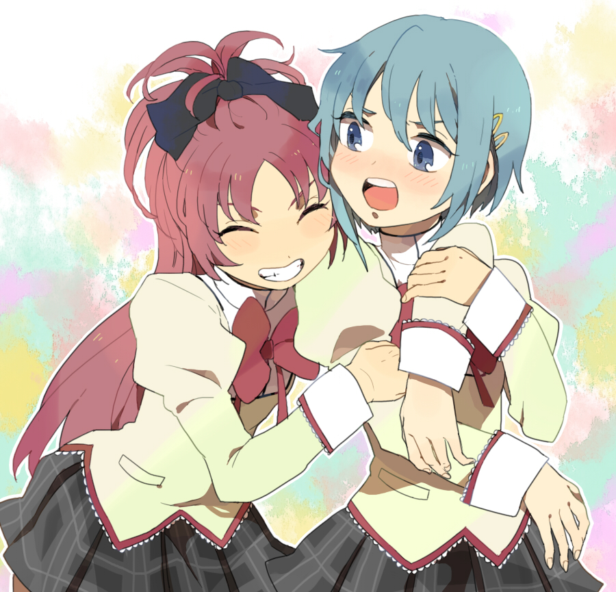 bad_id blue_eyes blue_hair blush closed_eyes eyes_closed grin hug long_hair mahou_shoujo_madoka_magica miki_sayaka mikkabouzu_(kisarisa) multiple_girls ponytail red_hair redhead sakura_kyouko school_uniform short_hair smile surprised yuri