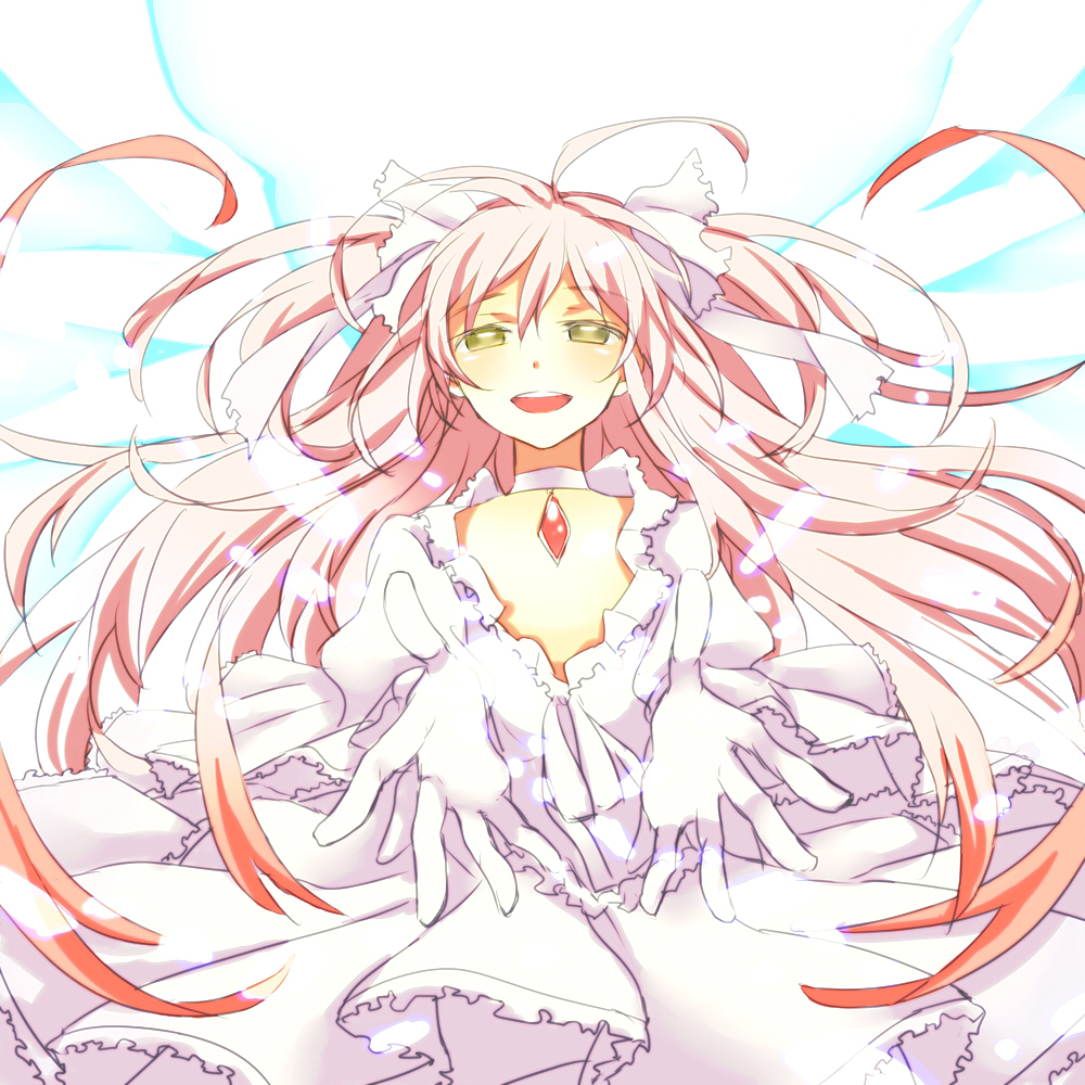 bad_id dress frills gloves glowing glowing_wings goddess goddess_madoka hair_ribbon hani_(udauda) jewelry kaname_madoka mahou_shoujo_madoka_magica necklace outstretched_arms pink_dress pink_gloves pink_hair ribbon smile solo spoilers ultimate_madoka wings