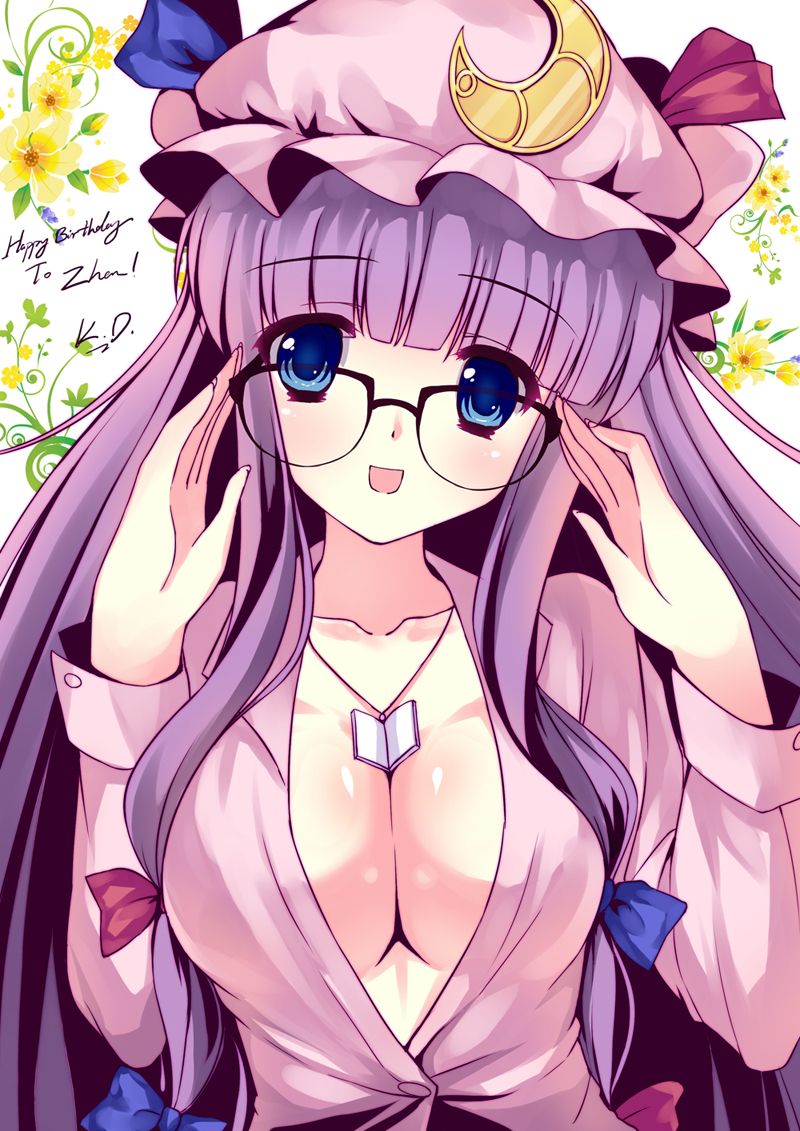 adjusting_glasses bad_id bespectacled between_breasts blue_eyes book bow breasts bust caidychen cleavage collarbone crescent face floral_background flower glasses hair_bow happy_birthday hat jewelry large_breasts long_hair looking_at_viewer necklace no_bra open_mouth patchouli_knowledge pendant purple_hair signature smile solo tareme touhou