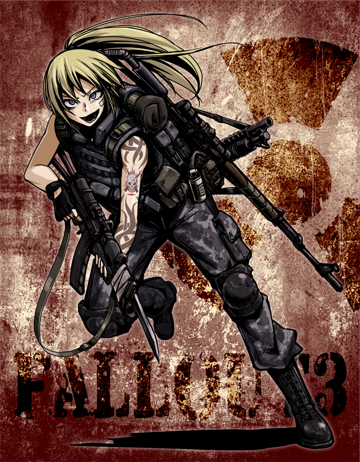 assault_rifle bayonet blonde_hair blue_eyes boots fallout fallout_3 fingerless_gloves gloves gun hellshock knee_pads knife load_bearing_vest long_hair military military_uniform operator ponytail rifle shotgun sniper_rifle tattoo uniform weapon