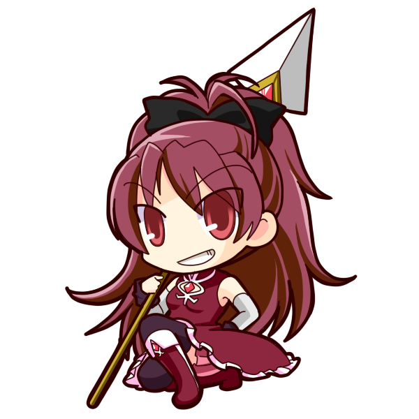 bow chibi grin hair_bow magical_girl mahou_shoujo_madoka_magica polearm ponytail red_eyes red_hair redhead sakura_kyouko simple_background smile socha solo spear thighhighs transparent_background weapon