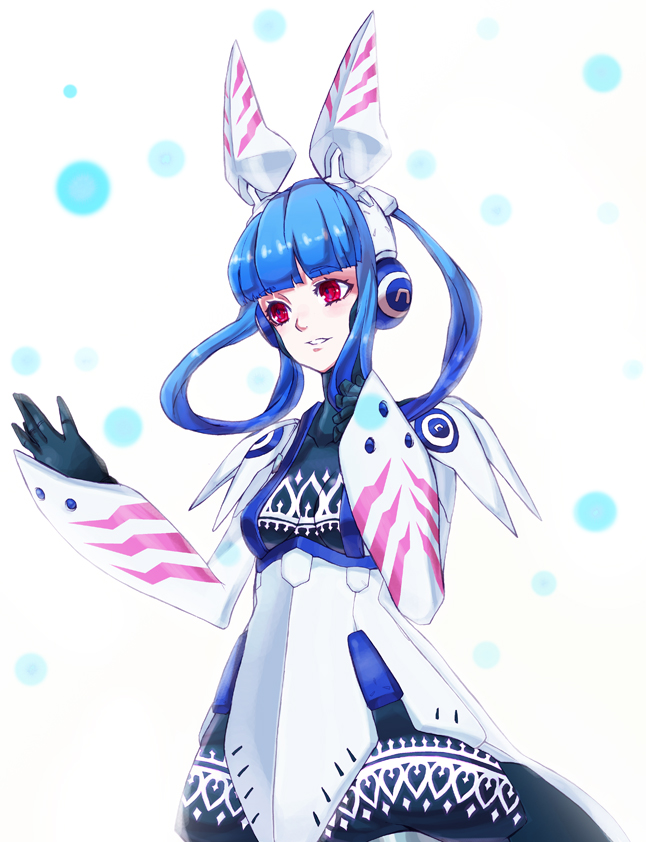 android arms_up bangs black_gloves blue_hair blunt_bangs dress gloves hair_rings hand_on_own_chest headgear light_smile long_sleeves parted_lips phantasy_star phantasy_star_portable phantasy_star_universe red_eyes robot_ears short_hair simple_background smile solo tamiya_surume vivienne_(phantasy_star) white_background