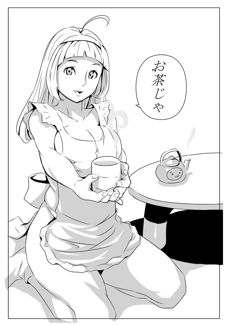breasts cleavage copyright_request cup hairband hero_(do-belman) kneeling large_breasts legs long_hair monochrome solo tea teapot translated translation_request