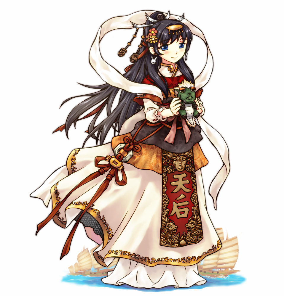 acea4 black_hair blue_eyes boat bow chinese chinese_clothes chinese_mythology dragon flower flower_on_head hair_flower hair_ornament hanfu holding junk long_hair longma mazu ocean original penghu_tianho_temple personification ponytail ribbon robe sailboat shawl solo string temple water white_background