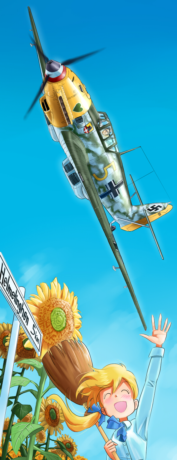 ^_^ ^o^ airplane arm_up aviator_cap bf_109 blonde_hair bow broom closed_eyes commentary_request emblem flower flying hair_bow hair_ribbon heart highres inui_(jt1116) inui_(pixiv) leaf nazi nose_art open_mouth original pilot plant ponytail ribbon sign sky smile sunflower swastika waving witch world_war_ii wwii