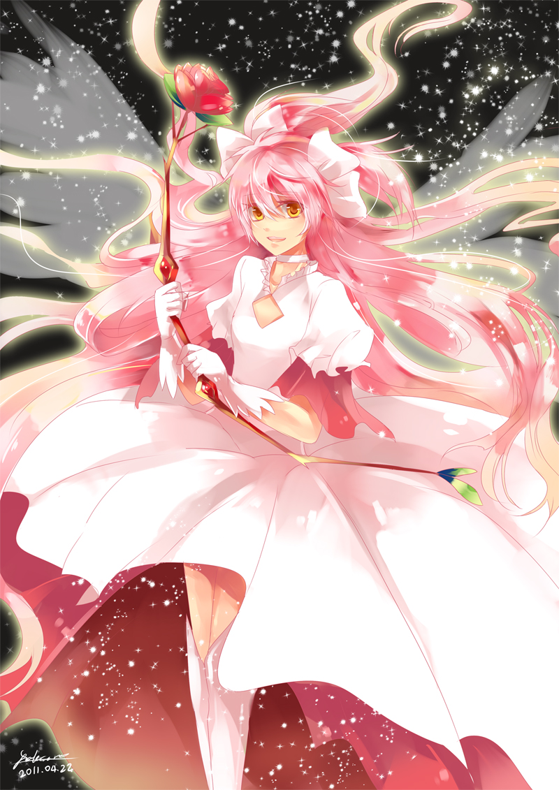 alternate_costume alternate_hairstyle bow bow_(weapon) dress flower gloves goddess_madoka hair_bow kaname_madoka long_hair magical_girl mahou_shoujo_madoka_magica megami_madoka miyawa_natsuha pink_hair red_rose rose smile solo sparkle spoilers thigh-highs thighhighs twintails ultimate_madoka very_long_hair weapon white_gloves wings yellow_eyes