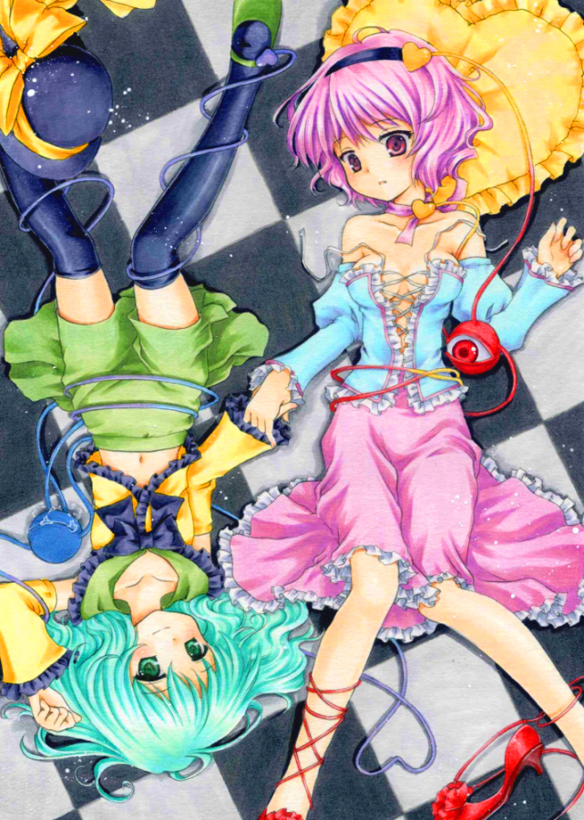 aqua_hair bad_id bare_shoulders black_legwear blush breasts checkered checkered_floor cleavage eyeball from_above funnyfunny green_eyes green_hair hairband hand_holding hat hat_removed headwear_removed heart heart_pillow high_heels holding_hands komeiji_koishi komeiji_satori lying marker_(medium) midriff multiple_girls navel off_shoulder on_back open_mouth pillow pink_eyes purple_hair shoes short_hair siblings single_shoe sisters smile thigh-highs thighhighs third_eye touhou traditional_media