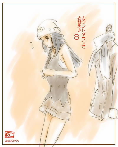 akosan beanie blue_hair coat hat hikari_(pokemon) long_hair lowres pokemon skirt solo undressing