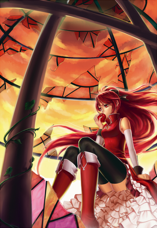 apple bare_shoulders black_legwear boots broken_glass detached_sleeves eating floating_hair food from_below fruit glass liana long_hair magical_girl mahou_shoujo_madoka_magica plutokelp ponytail red_eyes red_hair redhead sakura_kyouko sitting solo stained_glass sunset thigh-highs thighhighs vine vines