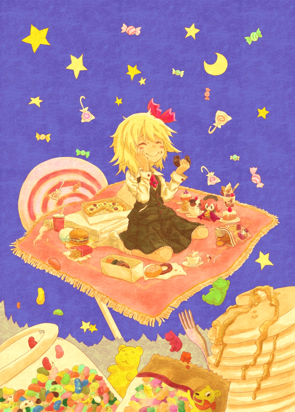 blonde_hair blue_background cake candy charlotte_(madoka_magica) cheese closed_eyes crescent crossover crumbs cup doughnut eating eyes_closed food french_fries frills hamburger hand_on_own_cheek happy highres issin. jelly_bean lollipop mahou_shoujo_madoka_magica pancake pizza rug rumia short_hair sitting skirt smile soda solo star steam swirl_lollipop teacup touhou wariza youkai
