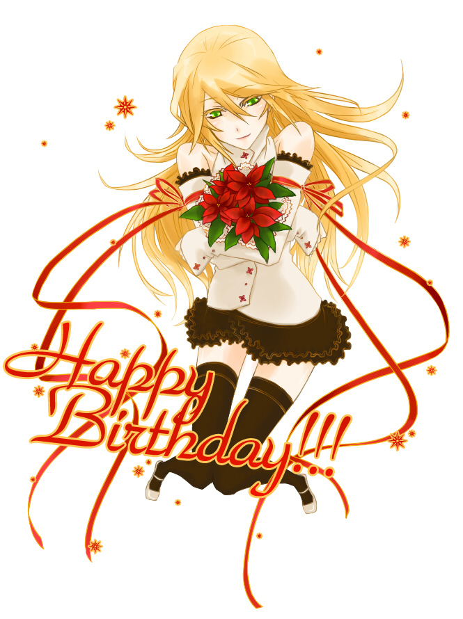 1girl alternate_costume bare_shoulders black_legwear blazblue blonde_hair detached_sleeves flower frilled_skirt green_eyes happy_birthday long_hair miniskirt noco noel_vermillion poinsettia red_ribbon ribbon skirt smile solo thigh-highs