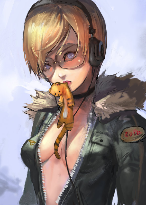bangs blonde_hair blue_eyes breasts choker cleavage fur glasses headphones lipstick looking_at_viewer makeup mouth_hold narongchai_singhapand new_year open_clothes open_jacket original readman short_hair solo stuffed_animal stuffed_toy swept_bangs