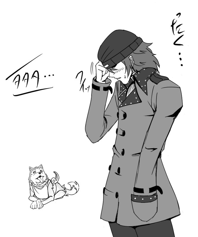 aragaki_shinjirou bad_id beanie blush casual hat koromaru monochrome persona persona_3 persona_3_portable suta_furachina trench_coat trenchcoat