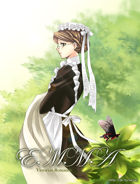 butterfly cloth emma glasses green hair_up maid maid_headdress plant tori_(toriko50) victorian_romance_emma