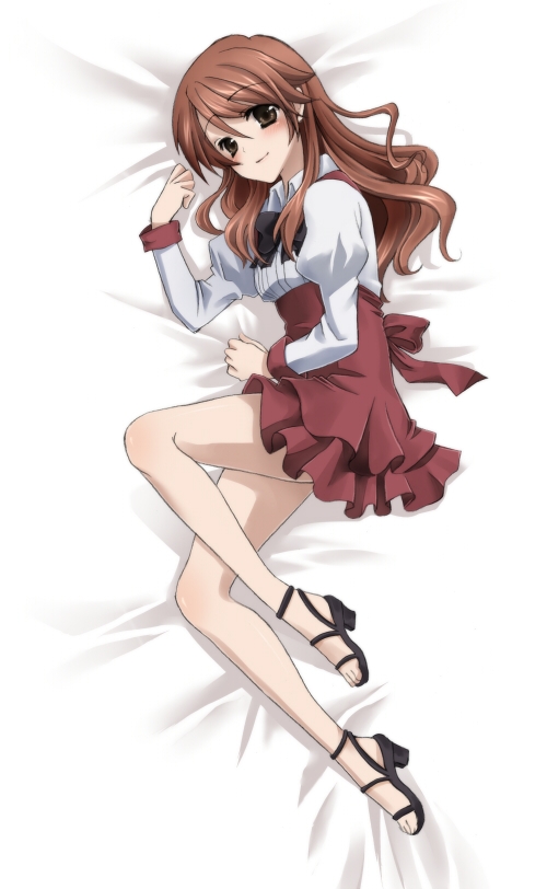 bed bed_sheet blush bow brown_eyes brown_hair cross_days crossdressing crossdressinging dress high_heels legs long_hair lying open_shoes sandals school_days shoes smile solo tottoto_tomekichi trap waitress