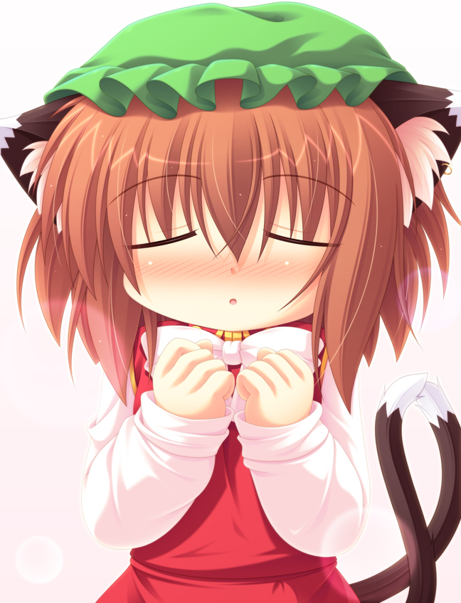 animal_ears blush bust cat_ears cat_tail chen closed_eyes dress ear_piercing earrings eyes_closed hands_on_own_chest hands_to_chest hat incipient_kiss incoming_kiss jewelry multiple_tails piercing red_dress solo tail touhou yokuran