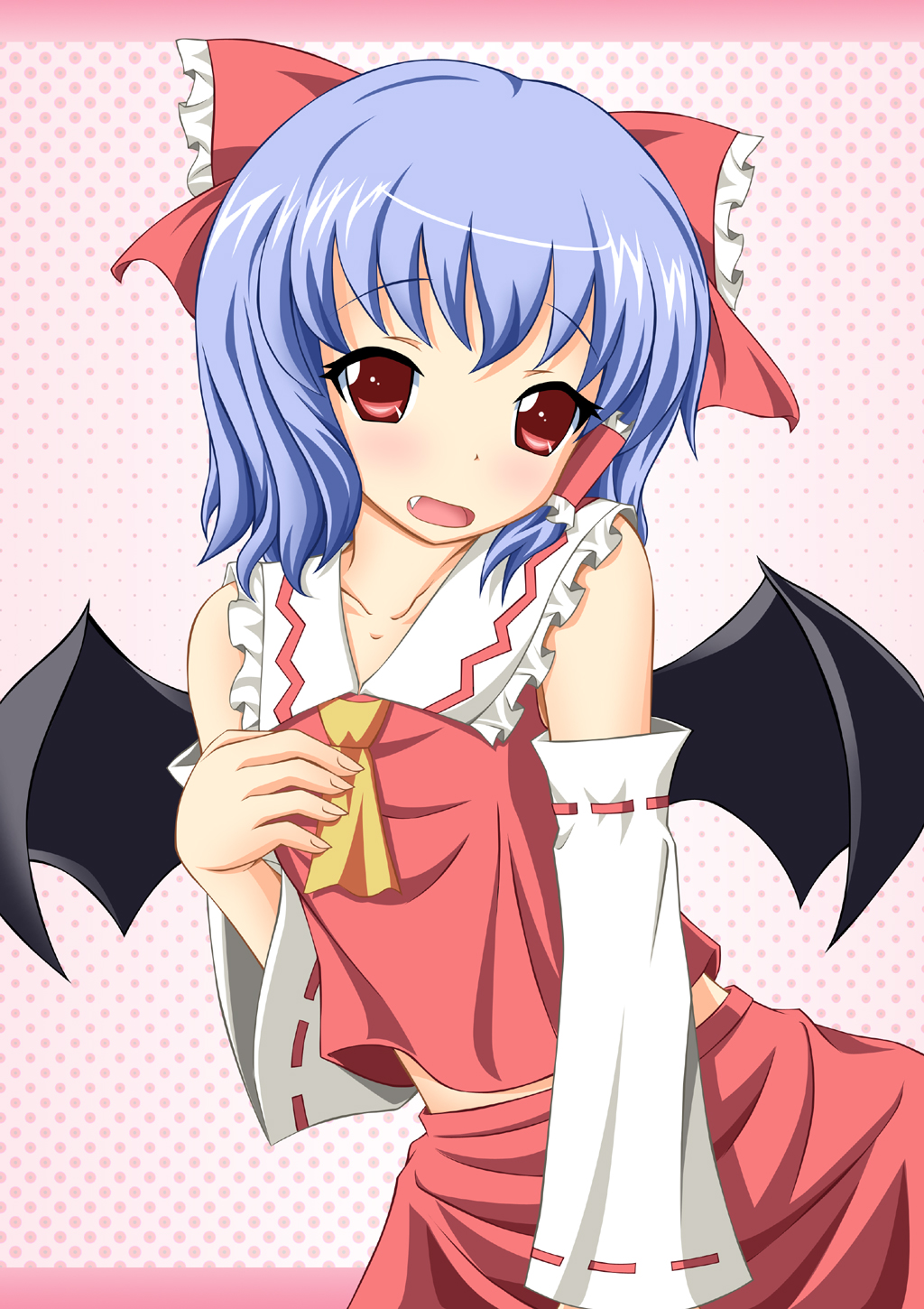 bat_wings blue_hair blush bow breast_suppress cosplay detached_sleeves dress fang hair_bow hair_tubes hakurei_reimu hakurei_reimu_(cosplay) hand_on_chest hand_on_own_chest highres midriff miko neats open_mouth red_dress red_eyes remilia_scarlet solo touhou wings