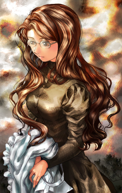 alternate_hairstyle apron brown_dress brown_hair carrying clothes dress emma glasses hair_down holding juliet_sleeves light_smile long_hair long_sleeves looking_away puffy_sleeves solo victorian_romance_emma wavy_hair yasuhito_(yasu_no_e)