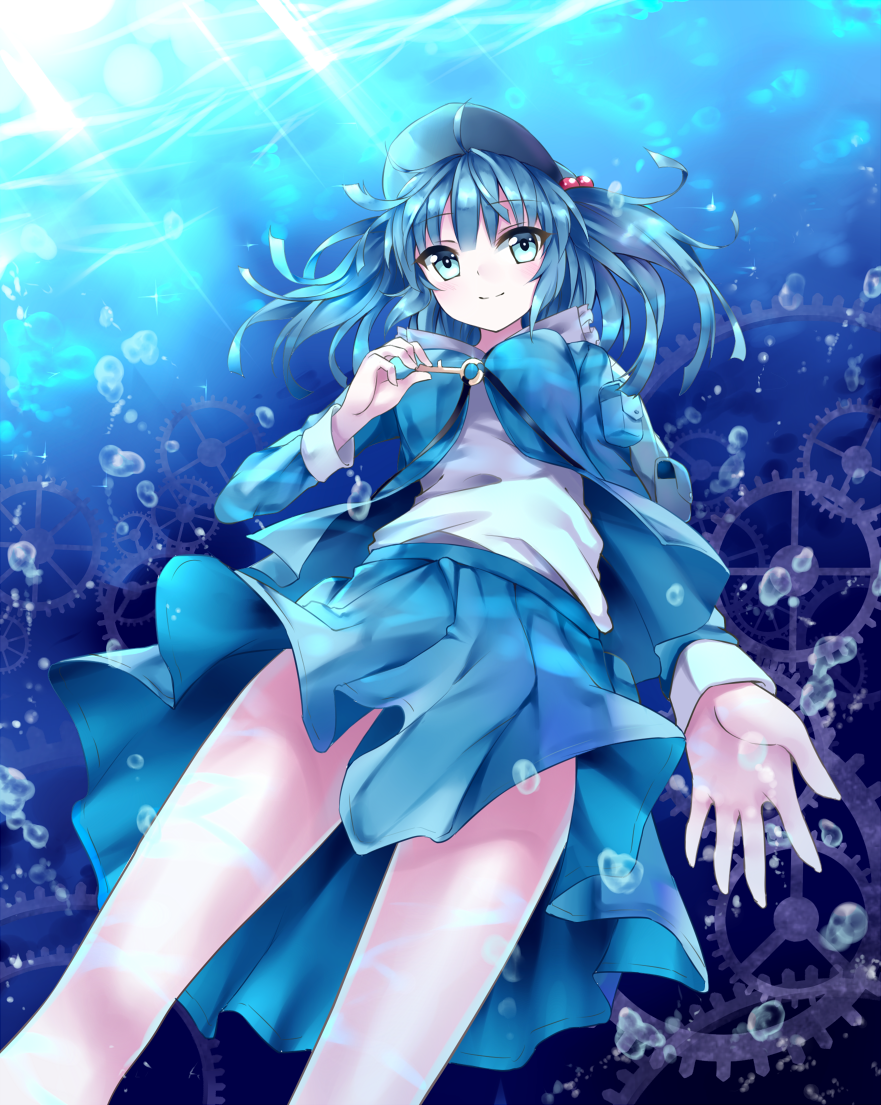 bare_legs blue blue_dress blue_eyes blue_hair bon bubble dress gears hair_bobbles hair_ornament hat kawashiro_nitori key outstretched_hand short_hair skirt smile solo touhou twintails underwater upskirt water