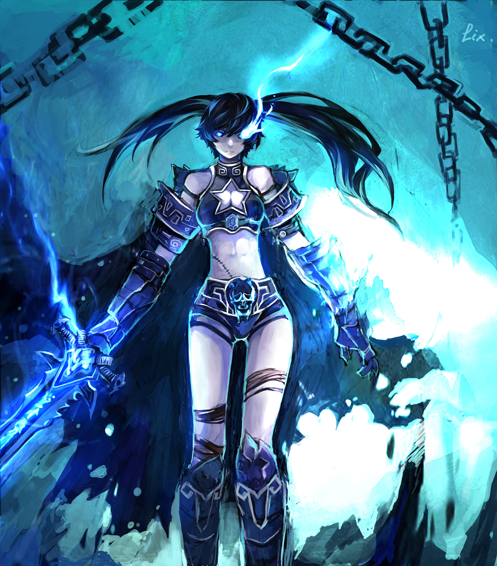 armor bare_shoulders belt black_hair black_rock_shooter black_rock_shooter_(character) blue blue_eyes boots chain chains electricity frostmourne glowing glowing_eyes highres knee_boots long_hair midriff navel scar shorts sword thigh_strap torn_cape twintails warcraft weapon zhuxiao517