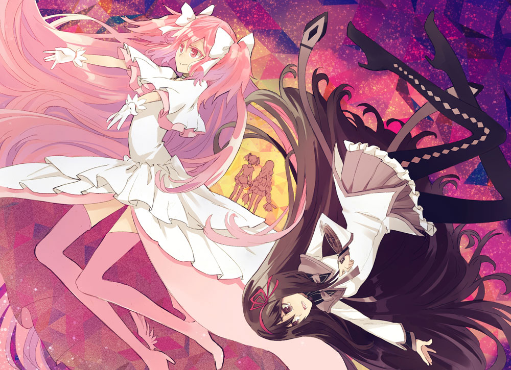 akemi_homura black_hair boots braid dual_persona from_behind gloves goddess_madoka kaname_madoka long_hair magical_girl mahou_shoujo_madoka_magica multiple_girls ochakai_shinya outstretched_arms pantyhose pink_eyes pink_hair purple_eyes ribbon school_uniform shield smile spoilers thigh-highs thigh_boots thighhighs twin_braids ultimate_madoka upside-down very_long_hair violet_eyes white_gloves