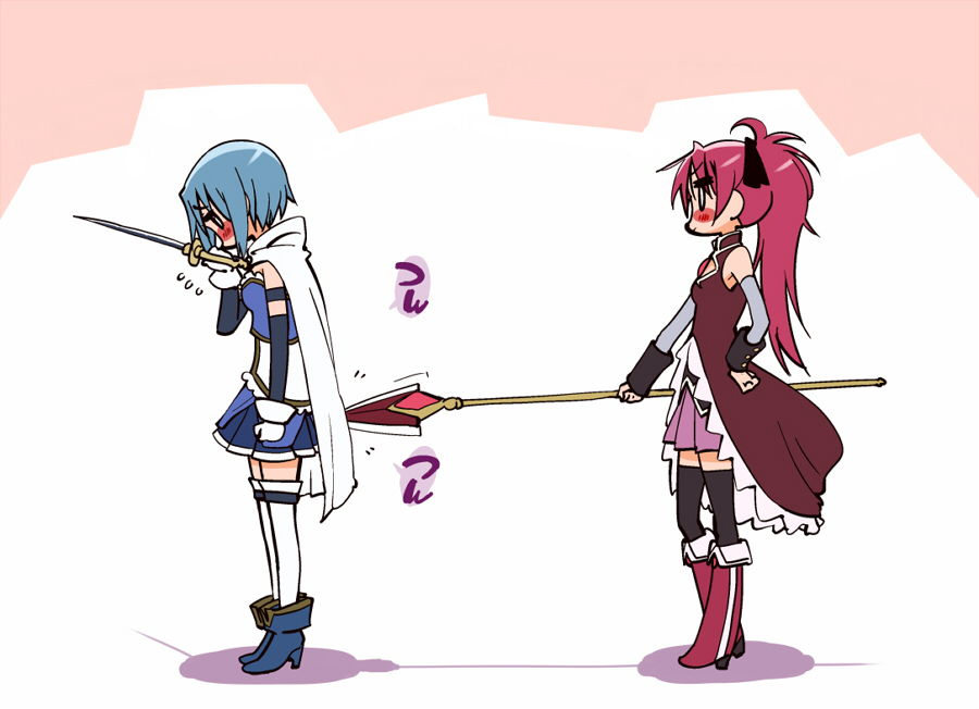 blue_hair blush cape hand_on_hip hips long_hair magical_girl mahou_shoujo_madoka_magica mikami_komata miki_sayaka multiple_girls naughty poking polearm ponytail red_hair redhead sakura_kyouko short_hair spear sword thighhighs translated weapon