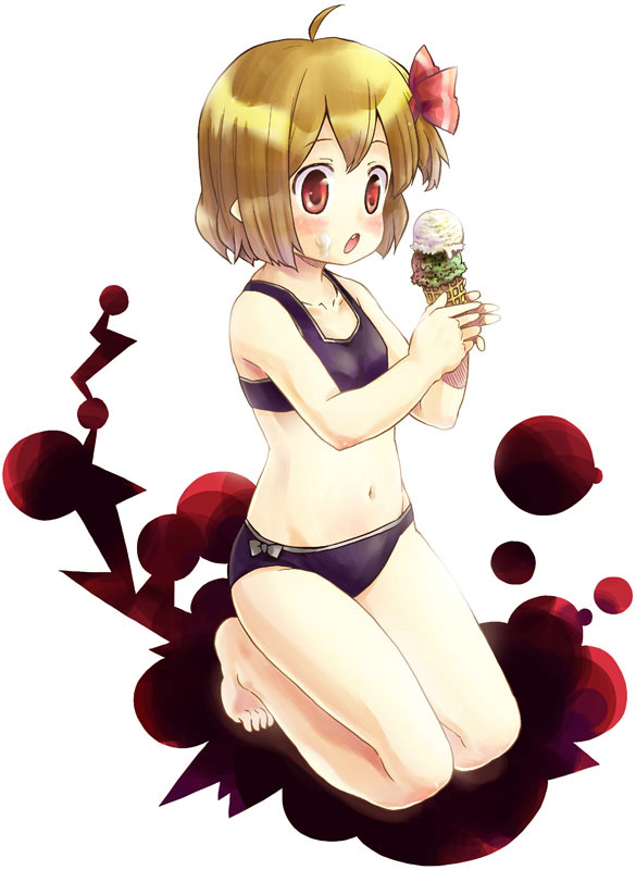 :o ahoge barefoot bikini blonde_hair child darkness fang food food_on_face hair_ribbon ice_cream ice_cream_cone kannazuki_hato kneeling navel open_mouth pointy_ears red_eyes ribbon rumia short_hair simple_background solo swimsuit the_embodiment_of_scarlet_devil touhou youkai