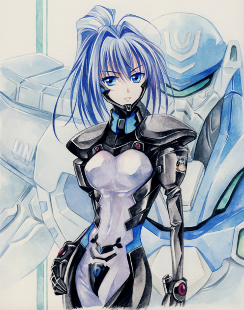 blue_eyes blue_hair bodysuit hayase_mitsuki mecha muvluv ponytail