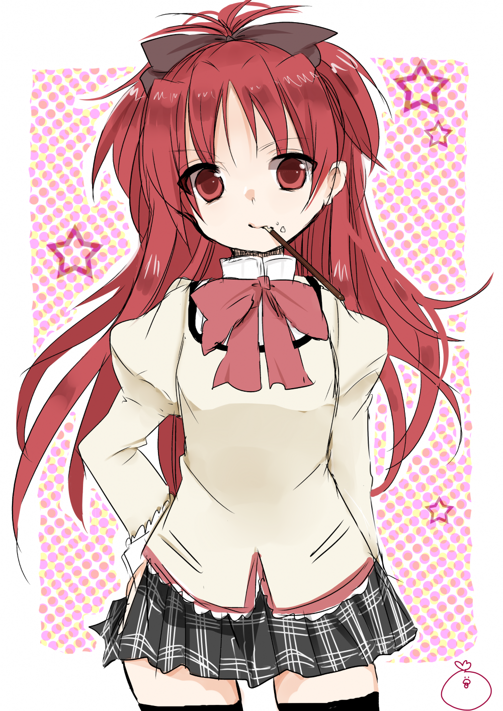 alternate_costume fang highres mahou_shoujo_madoka_magica mouth_hold natsu_(norari_kurari) pocky ponytail red_eyes red_hair redhead sakura_kyouko school_uniform solo thigh-highs thighhighs