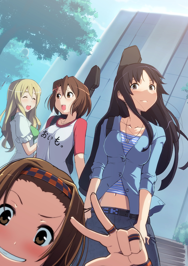 &gt;:) 4girls akiyama_mio black_hair blonde_hair blush breasts brown_hair casual closed_eyes collarbone forehead grin hands happy headband hirasawa_yui jacket jewelry k-on! kotobuki_tsumugi looking_at_viewer multiple_girls navel open_mouth painpa pendant pose raglan_sleeves ring smile striped tainaka_ritsu v