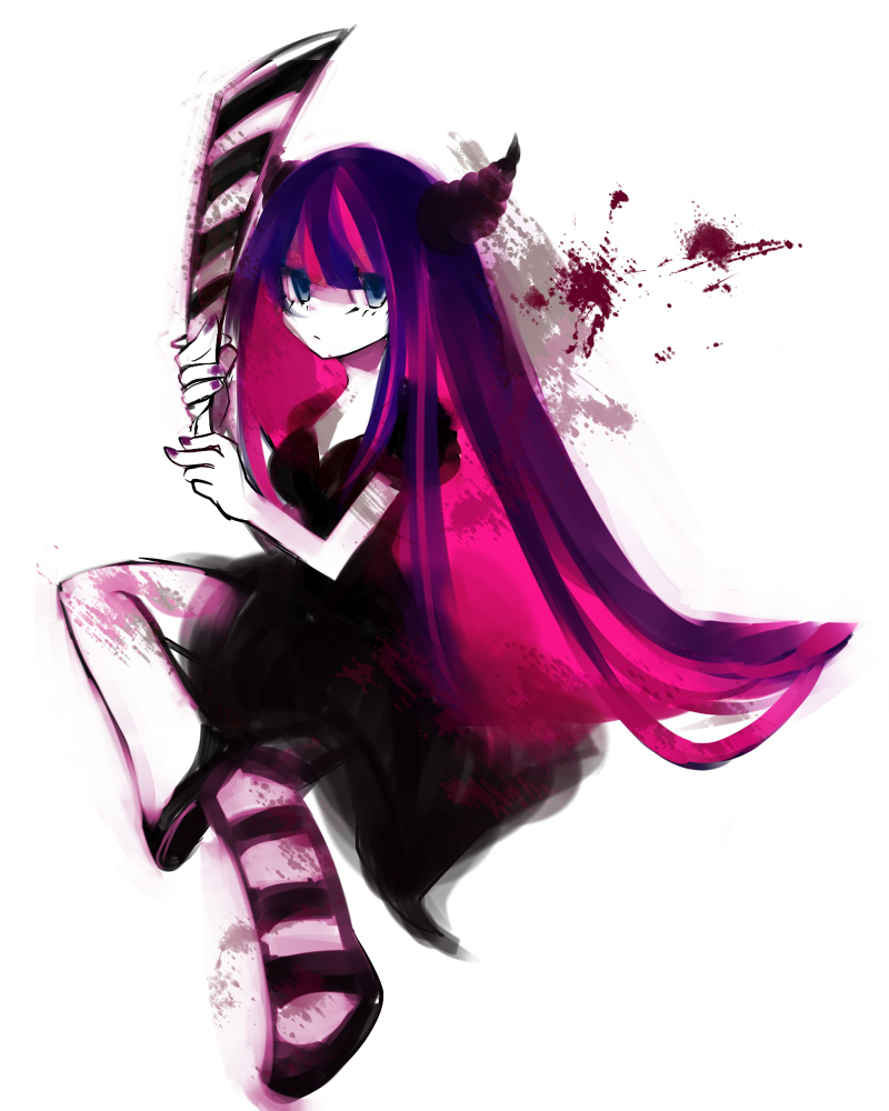 dark_persona horns panty_&amp;_stocking_with_garterbelt sitting solo stocking_(character) stocking_(psg) stripes_i_&amp;_ii suisyou sword thighhighs weapon
