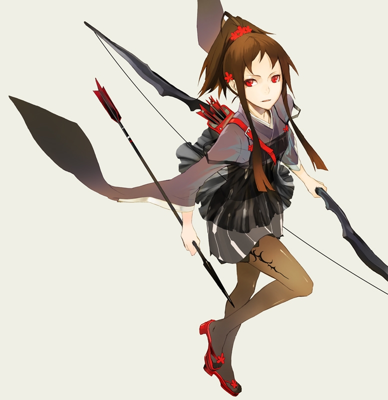 arrow bad_id black_legwear bow_(weapon) brown_hair camisole from_above japanese_clothes looking_up original pantyhose ponytail quiver red_eyes sakumi sandals simple_background skirt solo weapon