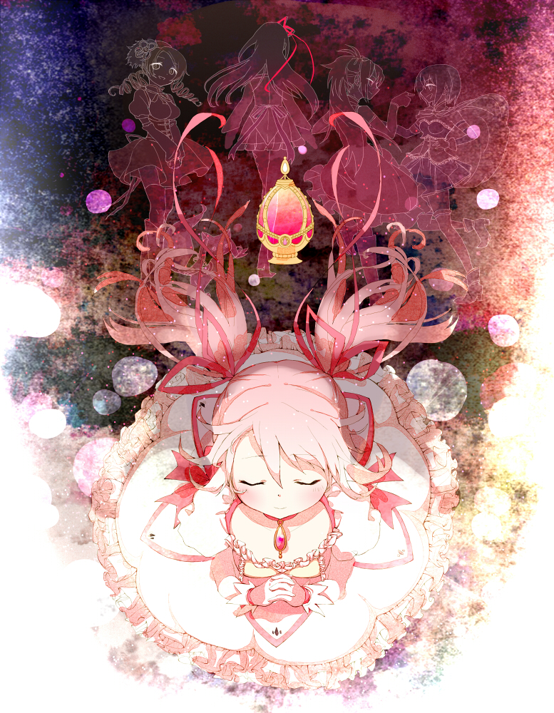 blush choker closed_eyes drill_hair eyes_closed from_above gloves hands_clasped kaname_madoka light light_smile luna_mary magical_girl mahou_shoujo_madoka_magica miki_sayaka pink pink_hair praying puffy_sleeves ribbon sakura_kyouko short_hair silhouette soul_gem tomoe_mami twintails white_gloves