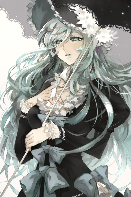 bust dress european_clothes eyelashes green_eyes green_hair hand_on_own_chest hand_to_chest lips long_hair nail_polish nod original parasol silver_hair solo sword_girls umbrella very_long_hair wavy_hair