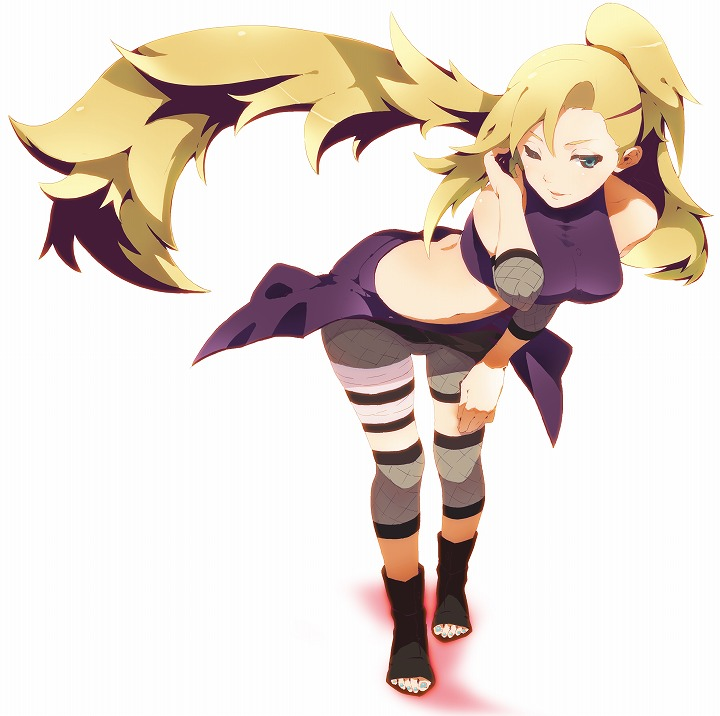 artist_request bandage bandages bare_shoulders bent_over blonde_hair blue_eyes duplicate elbow_pads fishnets hair_ornament hairclip knee_pads leaning_forward legs lips long_hair lossy-lossless midriff nail_polish naruto painted_nails pedicure ponytail rassie_s sandals shadow simple_background smile solo standing taut_shirt toes very_long_hair wink yamanaka_ino