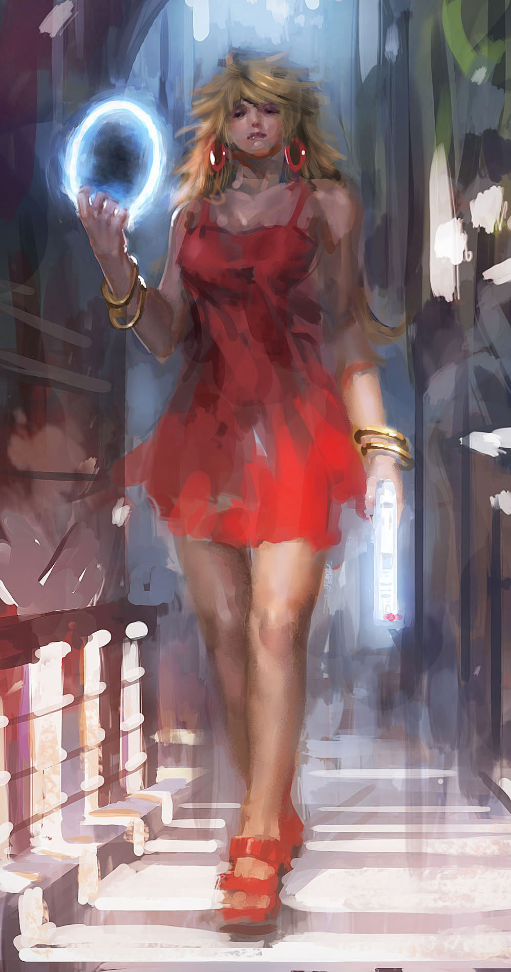 back_lace blonde_hair bracelet dress earrings gun halo highres jewelry oldmanpushcar panty_&amp;_stocking_with_garterbelt panty_(character) panty_(psg) realistic red_dress short_dress sketch solo speed_painting walking weapon