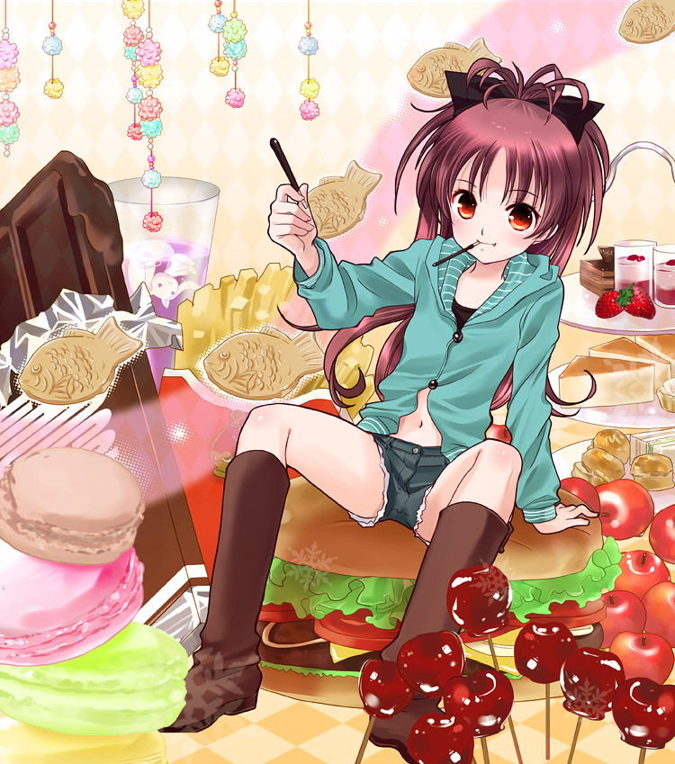 apple arm_support blush boots cake candy_apple checkered checkered_floor cherry chocolate cookie cup denim denim_shorts food fruit girl_in_food hamburger holding hoodie in_food knee_boots kyubey long_hair mahou_shoujo_madoka_magica navel oversized_object pink_hair pocky ponytail red_eyes sakura_kyouko sakuragi_akira shorts sitting solo strawberry taiyaki wagashi when_you_see_it