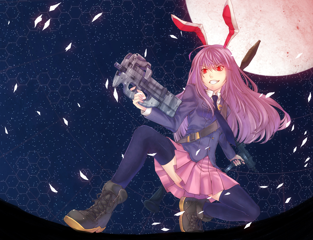 ankle_boots black_legwear boots bullpup bunny_ears crescent cross-laced_footwear deras dual_wielding full_moon grin gun imi_uzi lace-up_boots long_hair moon necktie night night_sky one_knee p90 pleated_skirt purple_hair red_eyes red_moon reisen_udongein_inaba rocket_launcher rpg rpg-7 skirt sky smile star_(sky) starry_sky submachine_gun thigh-highs thighhighs touhou weapon