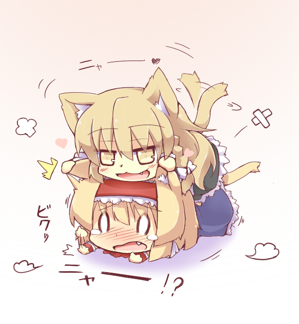 :3 alice_margatroid animal_ears benauxi blonde_hair blush cat_ears cat_tail catfight chibi dress ear_pull fang girl_on_top hairband hazuki_ruu heart kemonomimi_mode kirisame_marisa multiple_girls o_o tail tears touhou yellow_eyes