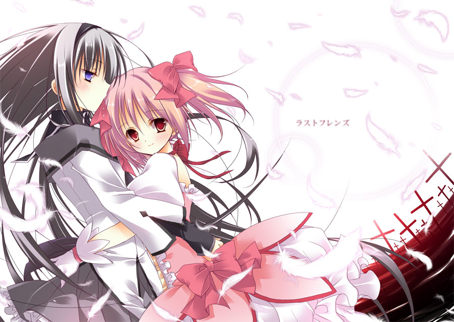 akemi_homura black_hair cross feathers gloves hairband hug kaname_madoka long_hair magical_girl mahou_shoujo_madoka_magica multiple_girls natsuki_coco pink_eyes pink_hair profile purple_eyes short_hair smile twintails violet_eyes white_gloves yuri