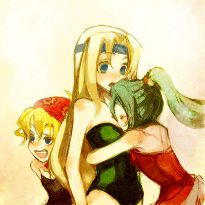 3girls bare_shoulders beret blonde_hair blue_eyes breast_smother celes_chere eyes_closed female final_fantasy final_fantasy_vi green_hair hat headband karindrops leotard long_hair lowres multiple_girls open_mouth ponytail relm_arrowny short_hair tina_branford