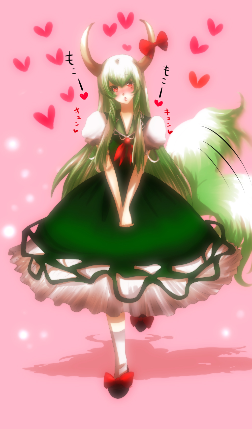blush dress ex-keine gradient_hair green_hair heart heart-shaped_pupils heart_eyes highres horn_ribbon horns kamishirasawa_keine multicolored_hair nurupoga red_eyes ribbon solo symbol-shaped_pupils tail tail_wagging touhou translated v_arms white_hair