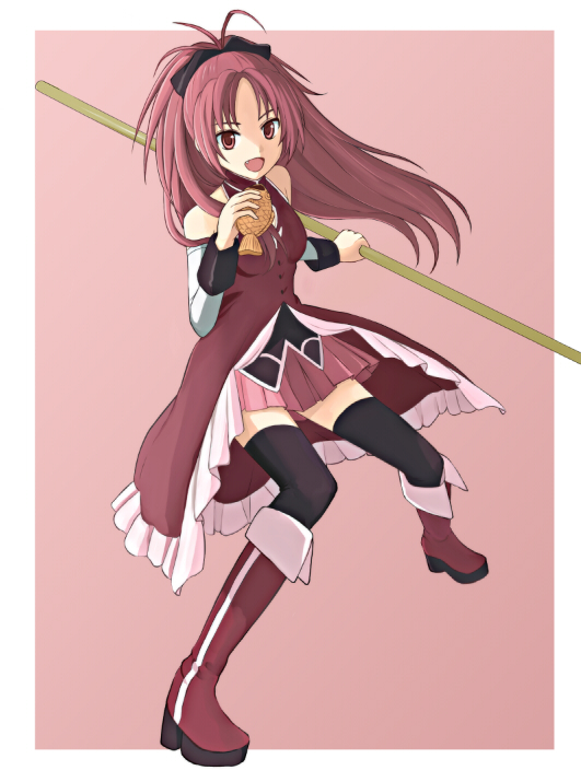 :d bad_id bare_shoulders black_legwear boots detached_sleeves food long_hair magical_girl mahou_shoujo_madoka_magica open_mouth polearm ponytail red_eyes red_hair redhead sakura_kyouko simple_background smile solo swimmer224 taiyaki thigh-highs thighhighs wagashi weapon zettai_ryouiki