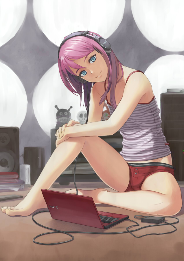 barefoot blue_eyes boyshorts camisole computer copyright_request face feet hands headphones laptop leaning_forward lips no_pants pink_hair sitting smile solo speaker tan_taka