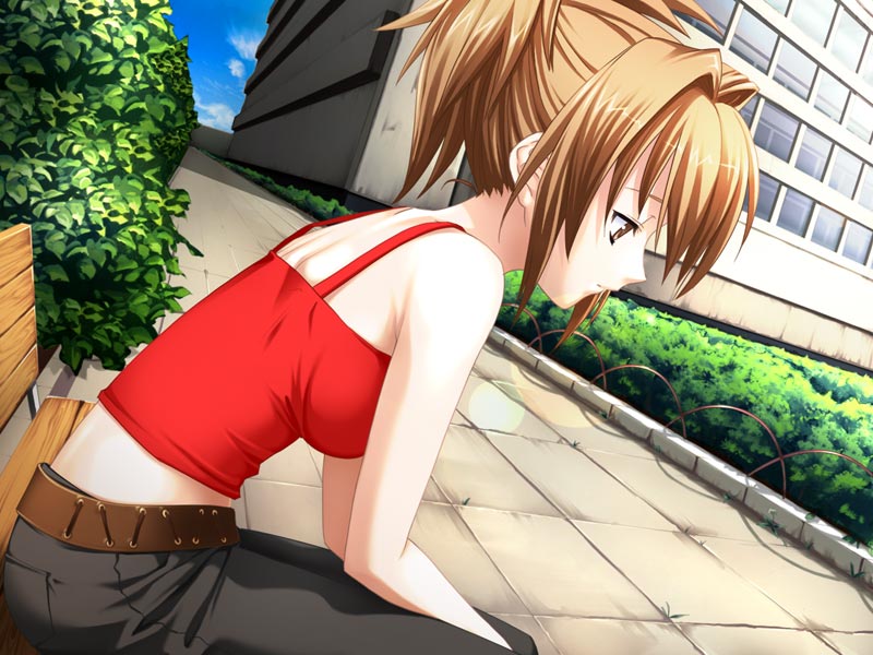 artist_request belt bench brown_eyes brown_hair building bush bushes character_request game_cg jeans kakuu_shoujo looking_down mizuhara_yuu outdoors outside ponytail sad short_hair sitting sky solo source_request sunou_yuki tank_top yasuyuki